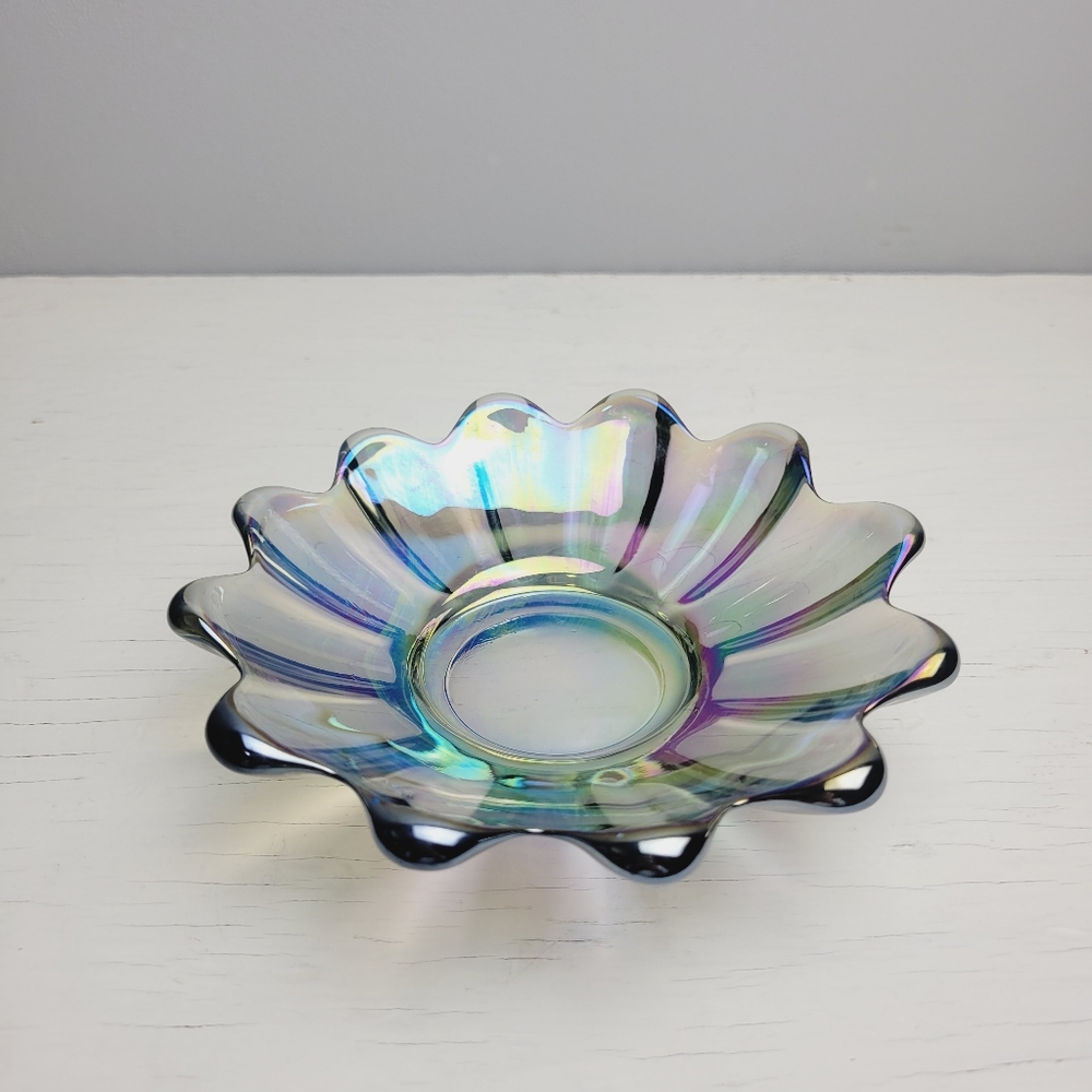 Vintage Federal Glass Smokey Purple Iridescent Carnival Glass Bon Bon Bowl